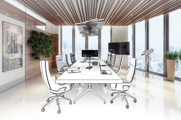 Contemporary Meeting Area in Wood Design With Plants and Artwork (sketch) - 3D Visualization