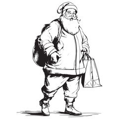Fototapeta na wymiar sketch style drawing of santa claus with gifts in full length isolated on white background.