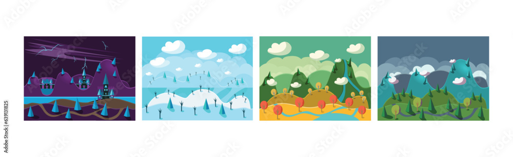 Poster mobile game horizontal backgrounds and scenery vector set