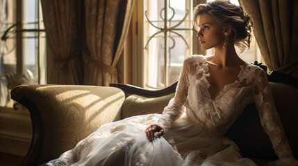 Stunning bride in a luxury hotel room background.

Generative AI