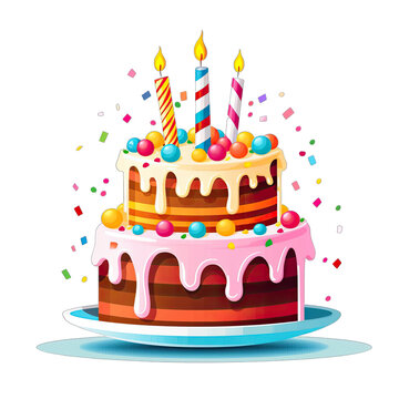 Cartoon image of colorful birthday cake with colourful confetti and candles on white background, in the style of light pink and dark amber isolated on transparent background png - Generative AI