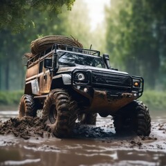 Four-wheel vehicle through the mud in the forest.generative AI