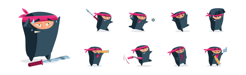 Ninja Funny Warrior Character in Samurai Costume Vector Set © topvectors