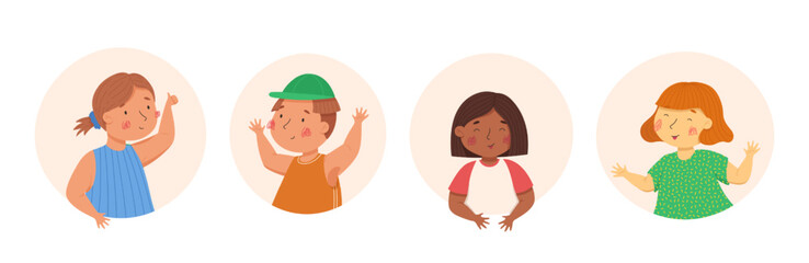 Happy children in the colorful circles and the white background. Vector cartoon illustration. Multiculturalism and diversity. Boys and girls with funny faces and emotions. Cute kids characters. Ideal