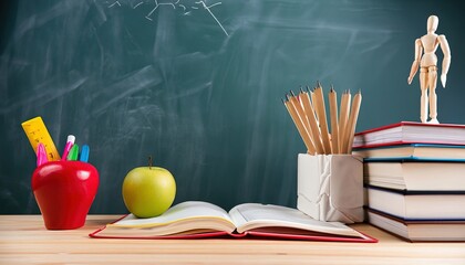 School supplies layout. Side view photo of desk setup with pencils organizer, ruler, books, red apple, mannequin body, and more on chalkboard background. Great for educational content or advertising 