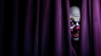 a scary evil clown peering out from a purple stage curtain, asking for silence, with a negative space on one side. Generative Ai