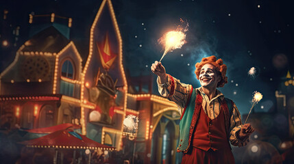 Night street circus performance whit clown, juggler. Festival city background. fireworks and Celebration atmosphere.