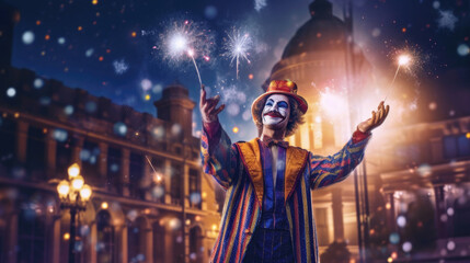 Fototapeta na wymiar Night street circus performance whit clown, juggler. Festival city background. fireworks and Celebration atmosphere.