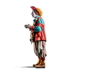 Side view full length picture of a clown imitating comic walk isolated on white background. Generative Ai