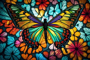 A vibrant butterfly with intricate patterns on its wings, inspired by stained glass art and radiating vivid colors