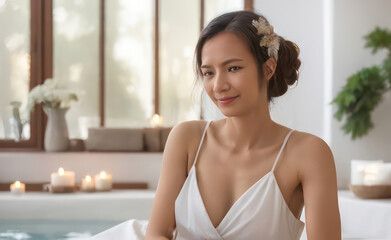 Obraz na płótnie Canvas Woman in white dress in spa massage room.generative AI