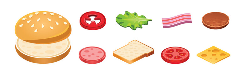 Sandwich Ingredients Isometric Icon and Elements Vector Set