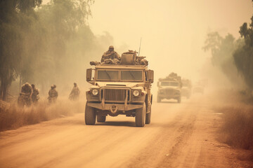 Fototapeta premium Military chopper and army vehicles flying and driving entering into the smoke and war . Military concept of power, force, strength, air raid, explosion. Selective Focus