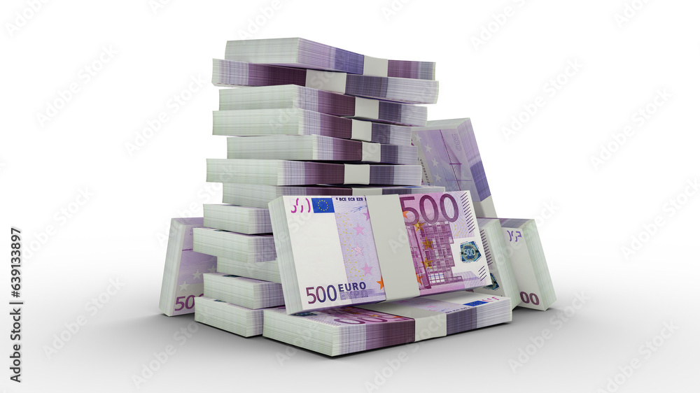 Poster 3d rendering of stacks of 500 euro notes. bundles of euro currency notes isolated on transparent bac