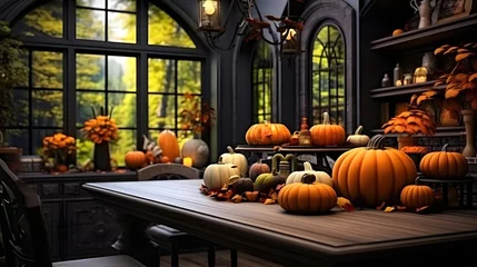 Foto op Canvas The kitchen is decorated for Autumn, pumpkins and autumn decor, AI Generative © Lucky Ai