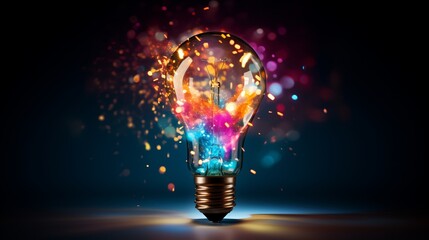 Creative light bulb explodes with colorful paint and colors. New idea, brainstorming concept. Banner - Powered by Adobe