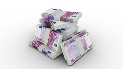 3d rendering of Stacks of 500 Euro notes. bundles of Euro currency notes isolated on transparent background