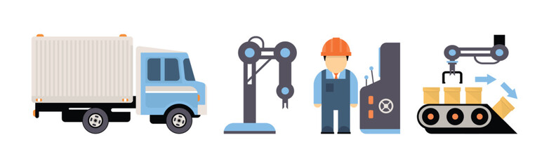 Production Process with Machine Operator Man in Hard Hat Icons Vector Set