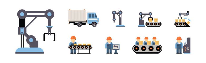 Production Process with Machine Operator Man in Hard Hat Icons Vector Set