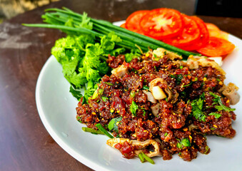 Thai Food, Isaan Food Dishes Larb Koi. Raw Beef Spicy Salad. Northeastern Thai Dishes. Raw meat...