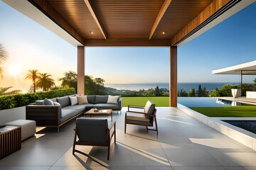 Landscape design with flower beds in home garden, beautiful landscaping in residential house backyard. Scenic view of nice landscaped garden, scenery of luxury back yard in summer generated by A tool