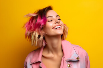 Enthusiastic Girl Bright Portrait. Vibrant Colors, Dynamic Pose, Emotionally Cheerful Smile, Aesthetic Trending Style in Studio Backdrop. Perfect for Positive, Trendy Design, Photography