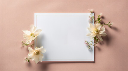 top view of blank Weeding card mockup with flowers, weeding card mockup