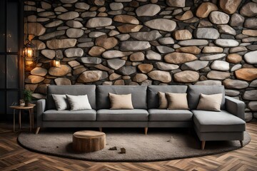 Cozy sofa on wild stone cladding wall background, rustic lounge area interior design