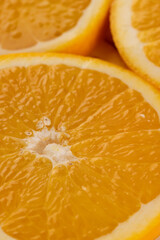 Micro close up of sliced orange and copy space