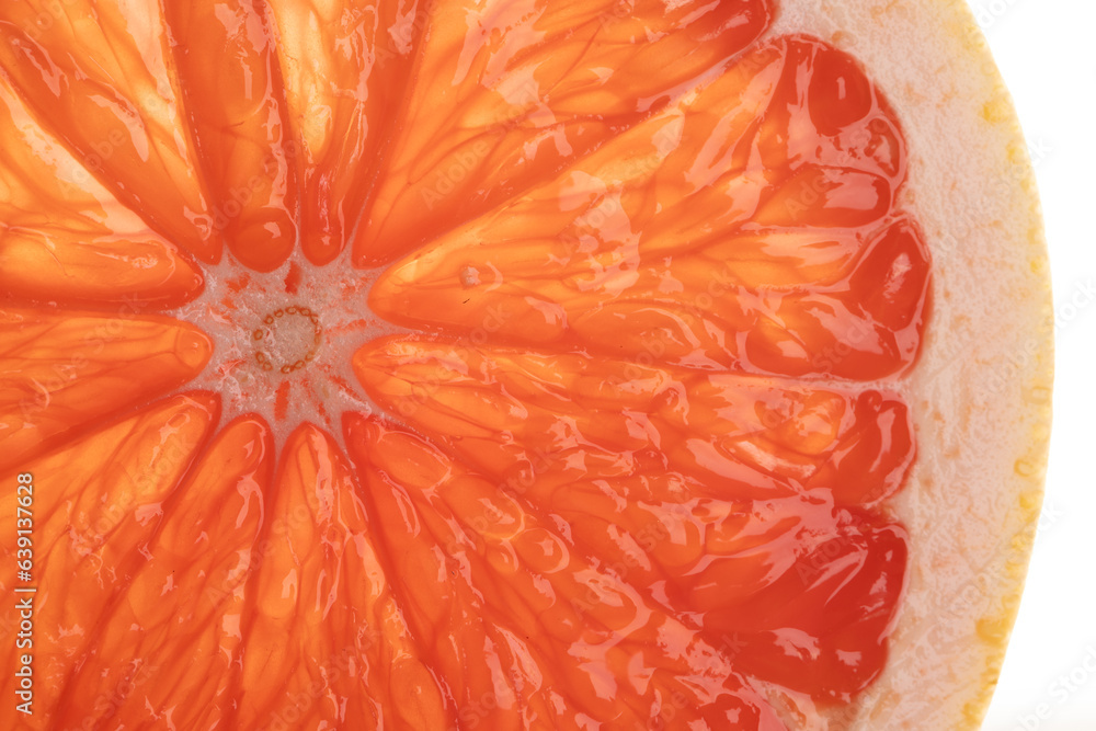 Poster micro close up of sliced red grapefruit and copy space