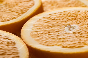 Micro close up of sliced orange and copy space