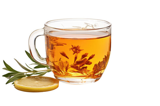 Black tea in glass with lemon and paper mint, isolated on clean png background, beverage for freshness, lime slice.