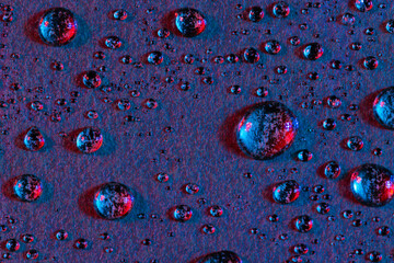 Micro close up of water drops with copy space on purple background
