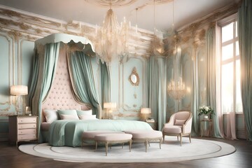 a romantic 3D rendering of a luxury bedroom with a canopy-adorned sofa and chairs.
