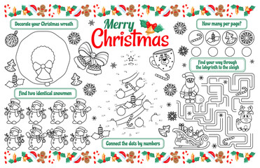Festive placemat for children. Printable sheet "Merry Christmas" with a labyrinth, connect the dots, and a coloring page. 17x11 inch printable vector file