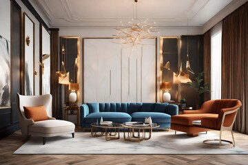 a chic 3D rendering of a luxury bedroom featuring a modern sofa and chairs. 