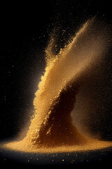 A vibrant explosion of golden glitter powder dust radiates from a dark background.
