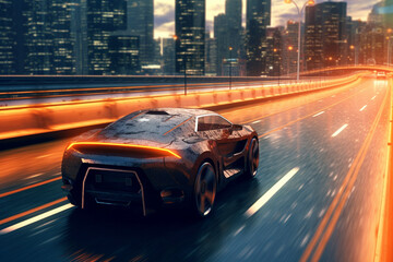 High speed luxury sport driving in the city - futuristic car concept (with grunge overlay) generic...