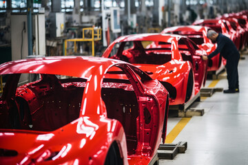 Car assembly line at an innovative factory Generative AI - obrazy, fototapety, plakaty
