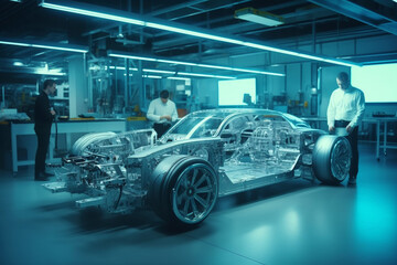 Working Car Internal Combustion Engine Scheme with chassis and wheels 3d render Generative AI