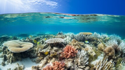 Naklejka na ściany i meble Coral reef fading from vibrant to bleached, highlighting ocean stress | generative AI