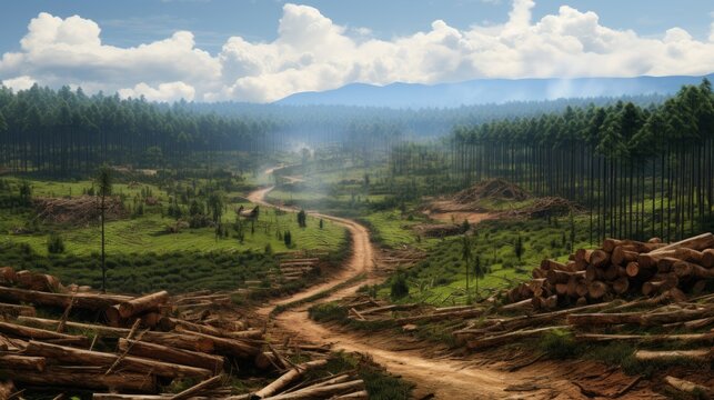 Deforestation scene contrasted with reforested area teaming with life | generative AI