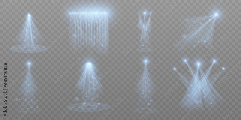 Poster searchlights. stage light with bright beams for presentation illuminated by spotlights. vector illus