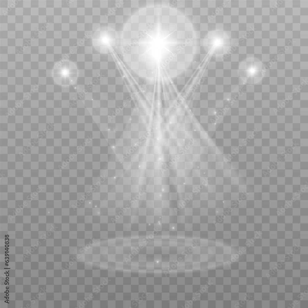 Poster searchlights. stage light with bright beams for presentation illuminated by spotlights. vector illus