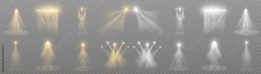 Poster searchlights. stage light with bright beams for presentation illuminated by spotlights. vector illus