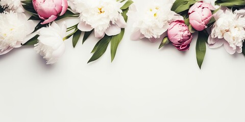 Flat-lay of Beautiful peony flowers over white background, top view, copy space, Generative AI