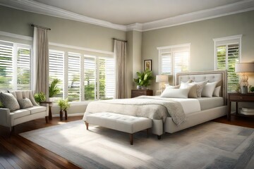 There is a bedroom with a made bed adorned with decorative pillows