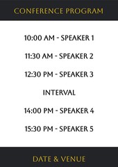 Illustration of conference program with timings, date, venue, speaker 1,2,3,4,5 and interval text