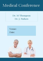 Caucasian doctors and medical conference, doctor m thompson, doctor j parkers, venue, date text