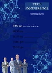 Composite of tech conference, venue and date, timings and hexagons with caucasian business people